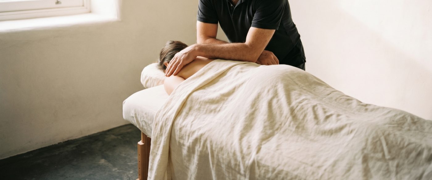 Afslappende massage mod stress med fokus på skuldre og øvre ryg