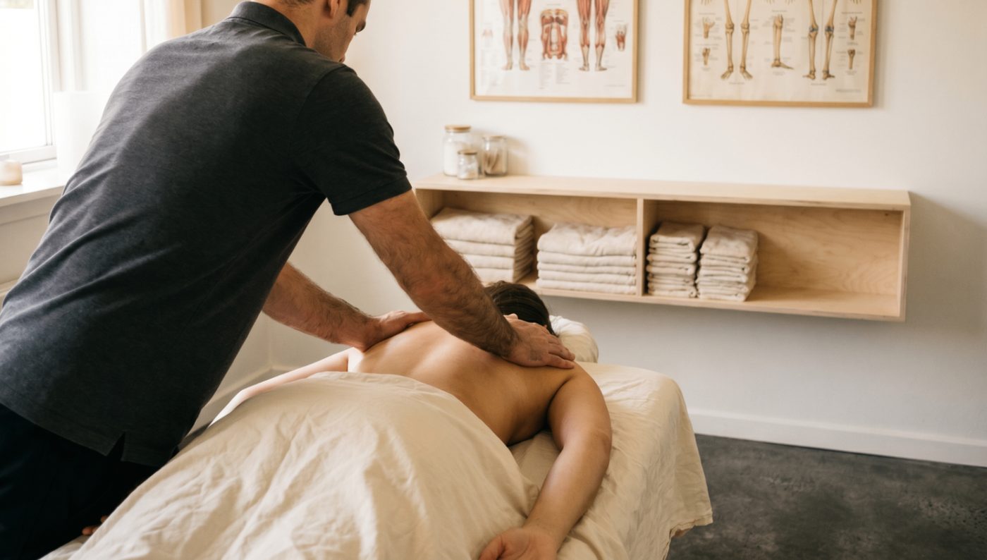 Fysiurgisk massage af øvre ryg på briks