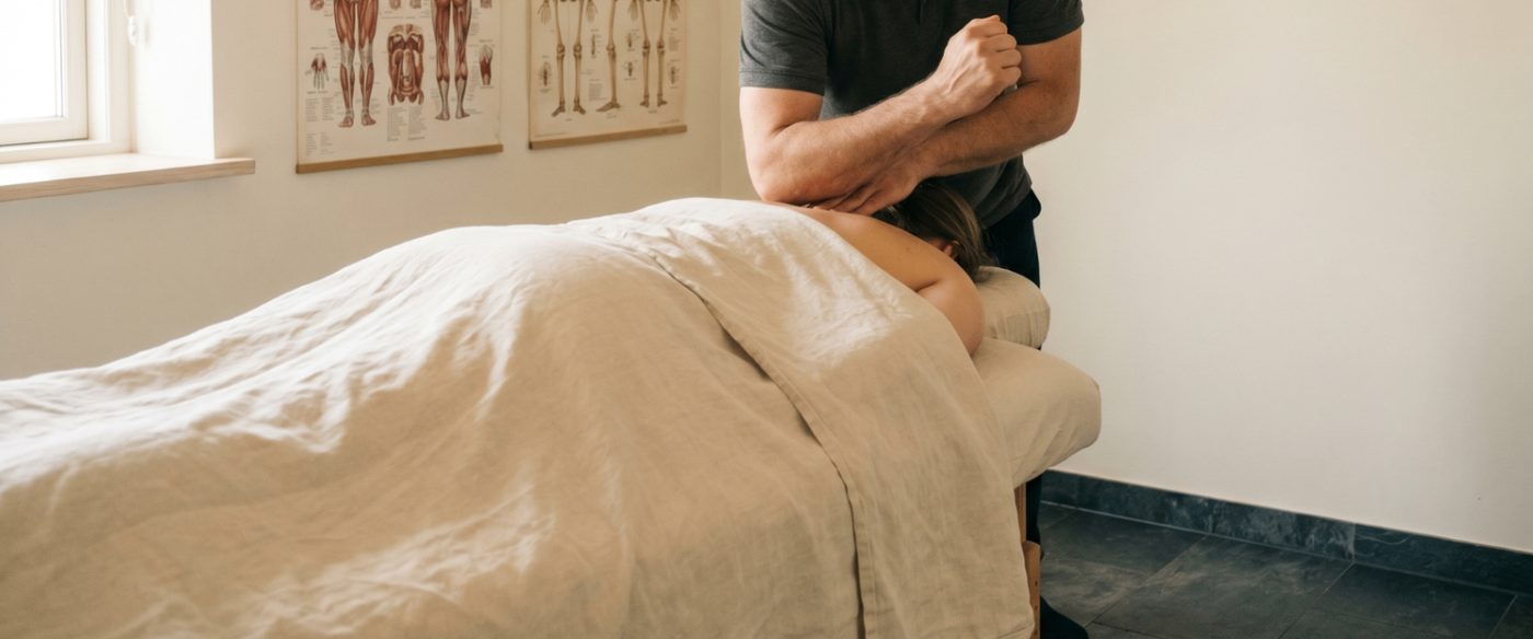 Helkropsmassage med fokus på nakke og overkrop på briks
