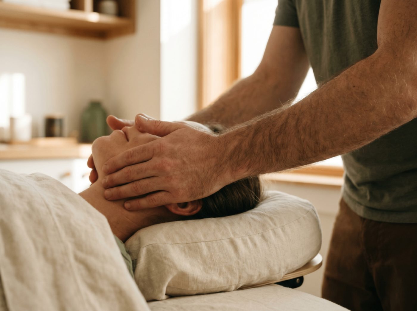 Ansigtsmassage med fokus på kæbe og ansigt på briks