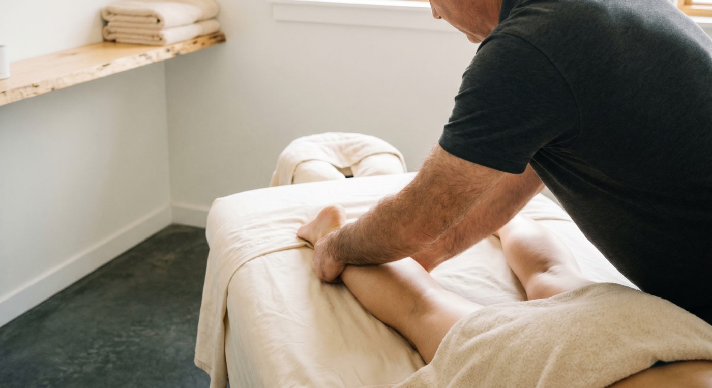 Sportsmassage af lægmuskulatur på briks